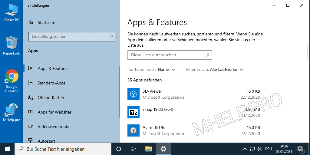 Windows 10 - Liste der Apps und Funktionen