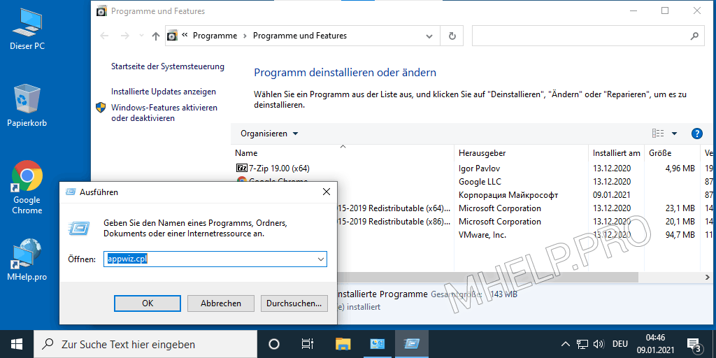 Windows - Programme und Funktionen mit appwiz.cpl auflisten
