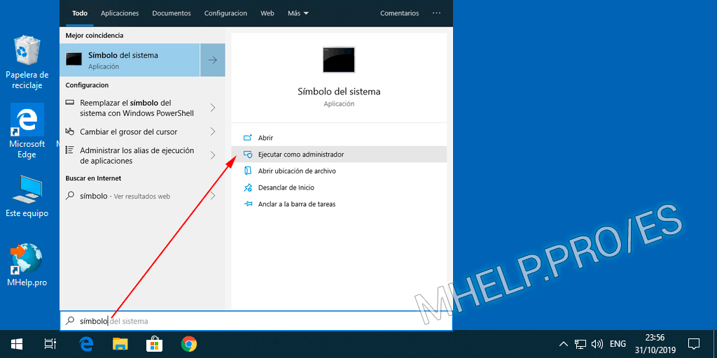 Ejecutar el Símbolo del sistema vía de Search Windows 10