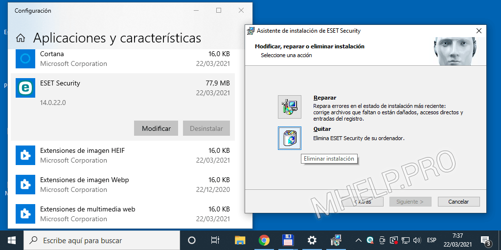 Cómo eliminar Eset NOD32 Antivirus (Internet Security) Desinstalación estándar de Windows 10