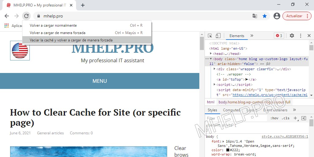 Cómo borrar el caché de un sitio (una página específica) usando el botón Cargar página de nuevo en el navegador Google Chrome (MHelp.pro)