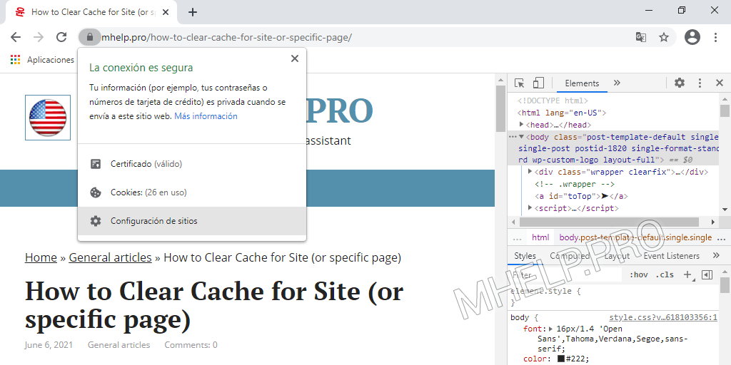 Cómo borrar la caché de un sitio (de una página específica) usando el botón Ver información de sitio