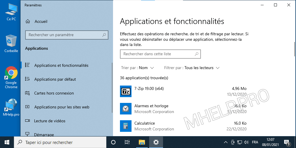 Windows 10 - Liste des applications et fonctionnalités