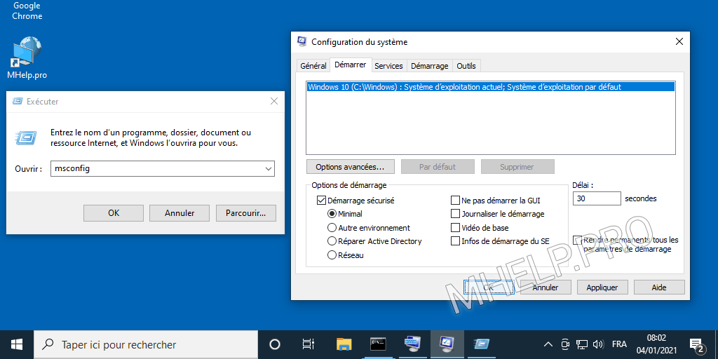 Windows msconfig sélectionnez les options de redémarrage de l'ordinateur