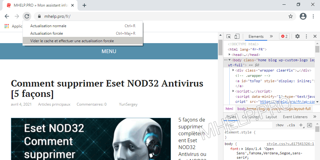 Comment vider le cache d'un site (une page spécifique) à l'aide du bouton  Actualiser cette page du navigateur Google Chrome (MHelp.pro)