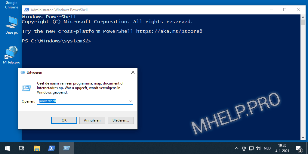 Voer Windows PowerShell uit als beheerder vanuit het menu Uitvoeren