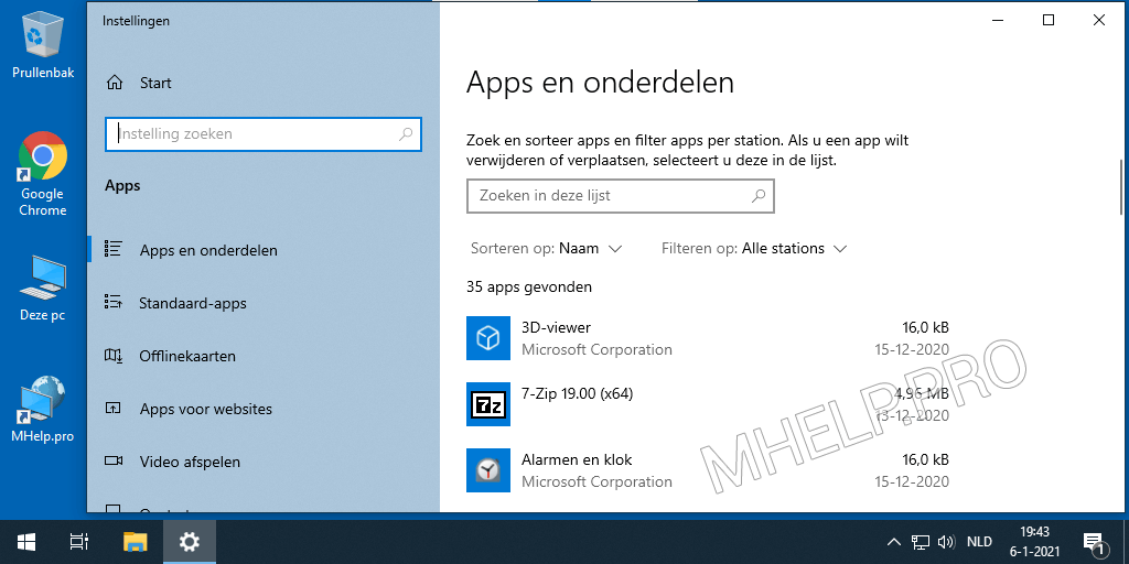 Windows 10 - Lijst met Apps en onderdelen