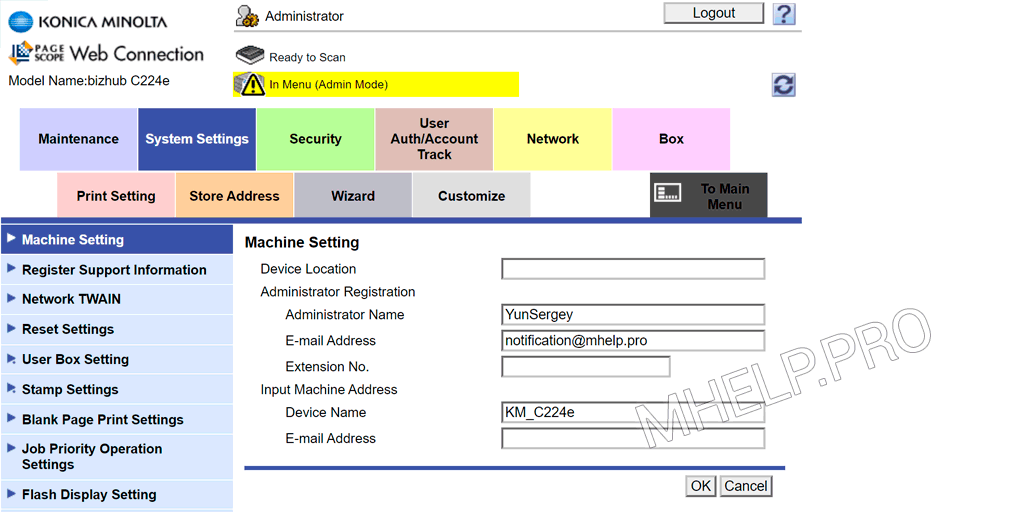 Konica Minolta bizhub C224e définir l'adresse e-mail de l'administrateur