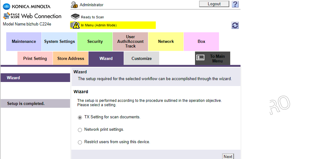 Email record setup wizard for sending documents from the Konica Minolta bizhub C224e MFP