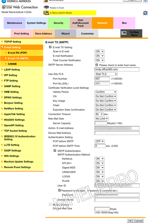 Настройка почты Office 365 на МФУ KONICA MINOLTA bizhub C224e