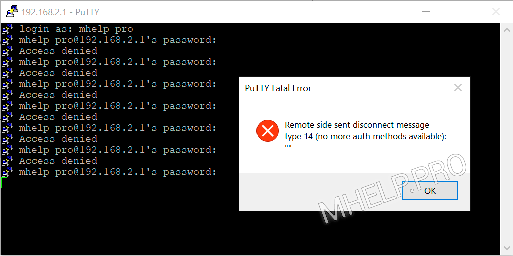 PuTTY bricht die SSH-Verbindung nach 7 falschen Passwort Versuchen ab
