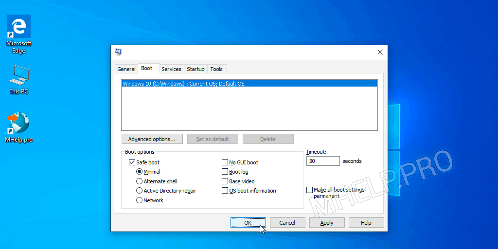 Msconfig: select computer restart options