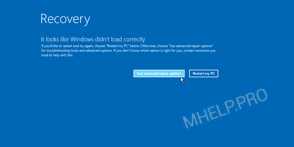 Recovery mode to boot windows 10
