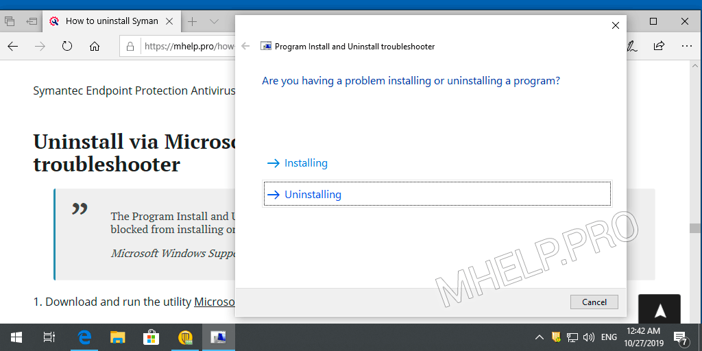 Uninstall via Microsoft The Program Install and Uninstall troubleshooter