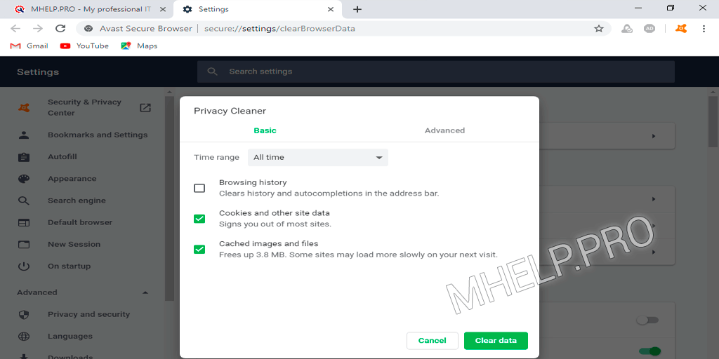 Clear cache on Avast Secure Browser