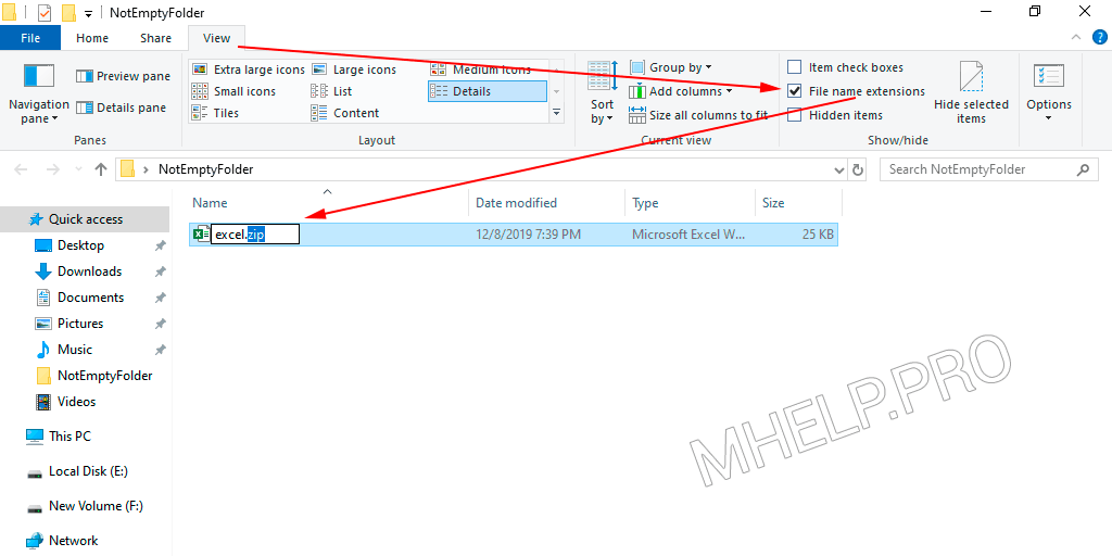 Change the Microsoft Excel file extension