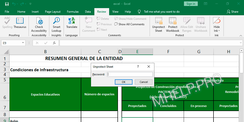 The standard way to unprotect Excel sheet