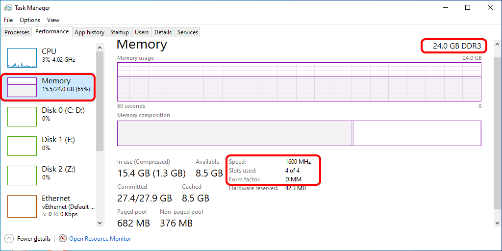 Find out RAM total capacity type frequency via Task manager
