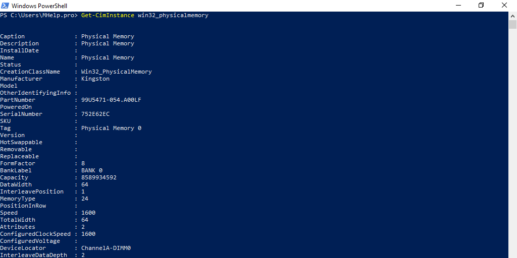 How to find out RAM characteristics via Power Shell Get-CimInstance