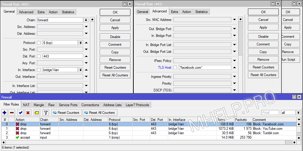 MikroTik: Cómo bloquear un sitio (host TLS)