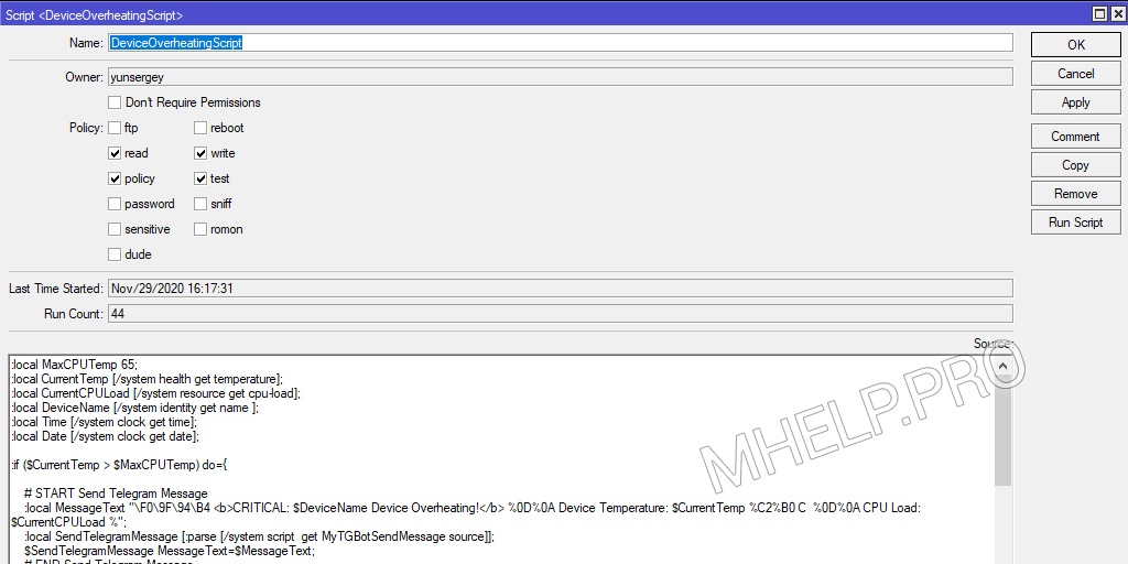 Notificación de sobrecalentamiento del dispositivo de script MikroTik