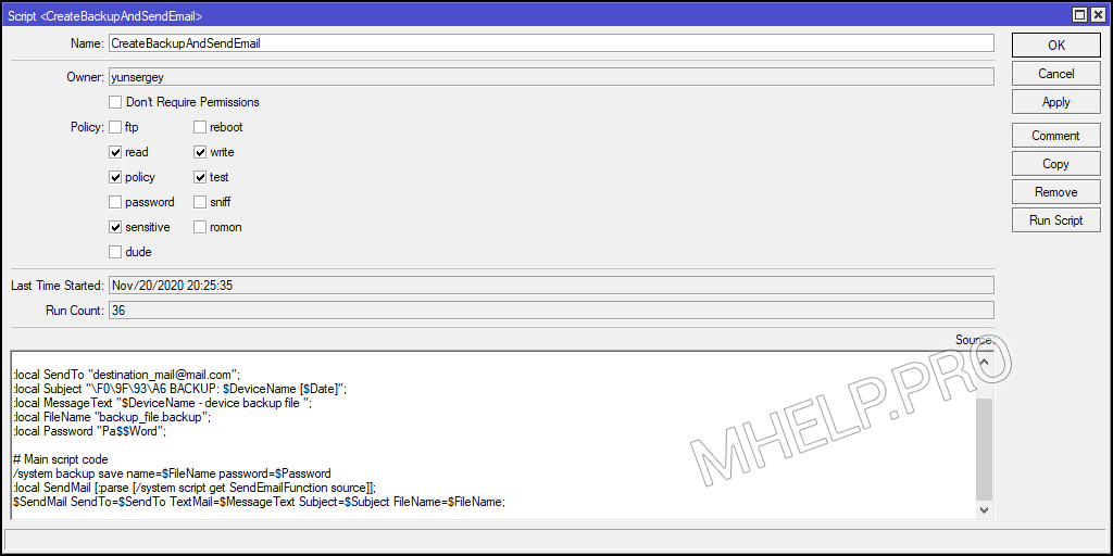 Scripts MikroTik: créer une sauvegarde et envoyer par e-mail