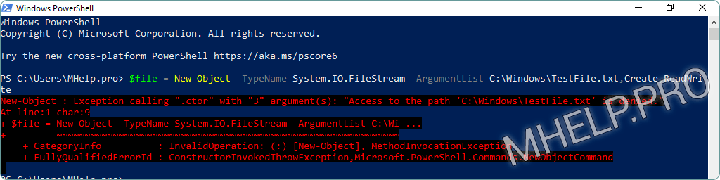 Create a file of a specific size using Windows PowerShell. Error: Access to the path, when creating a file