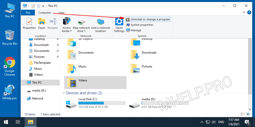 Open the list of installed programs from the folder menu This PC