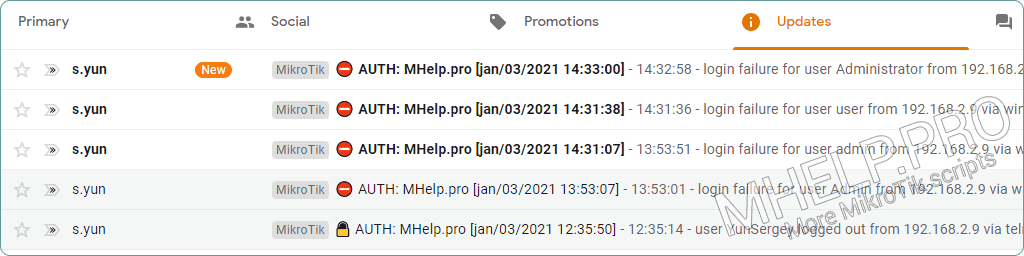 Exemple d'e-mail - notification d'échec de connexion pour l'utilisateur, à l'appareil MikroTik