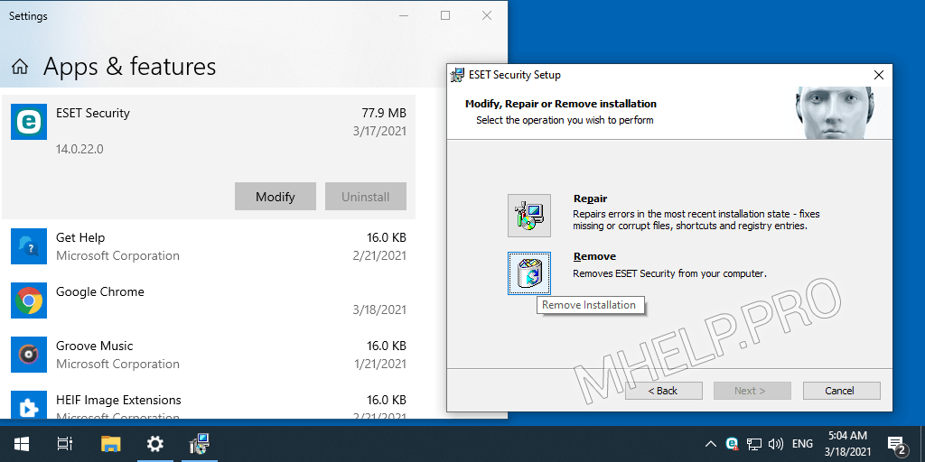 How to remove Eset NOD32 Antivirus (Internet Security) Windows 10 standard uninstallation