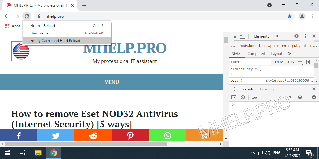 How to clear the cache of a site (a specific page) using the Reload button in the Google Chrome browser (MHelp.pro)